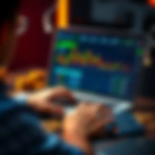 A person using a laptop with cryptocurrency trading charts on the screen, surrounded by coins and a calculator.
