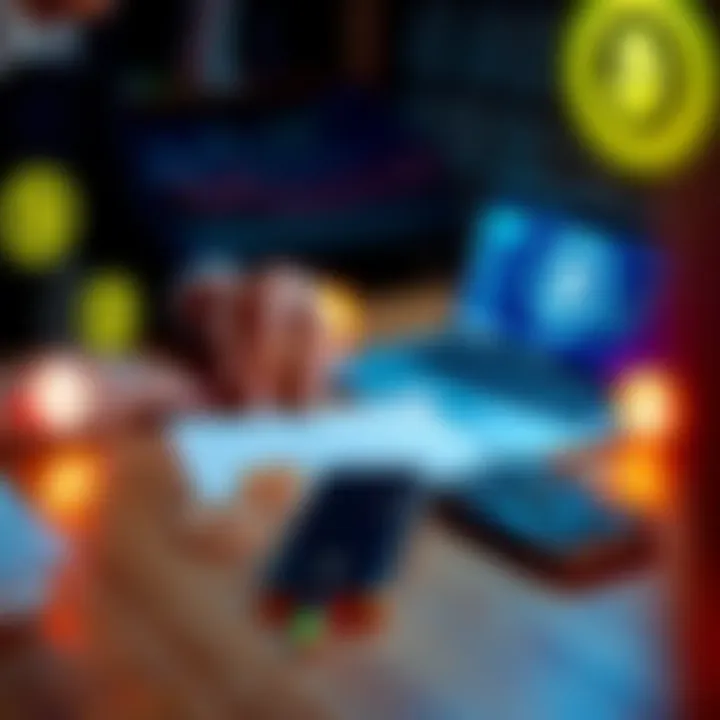 A person comparing different cryptocurrency wallets on a table, highlighting modern wallet options with a laptop and security symbols around.