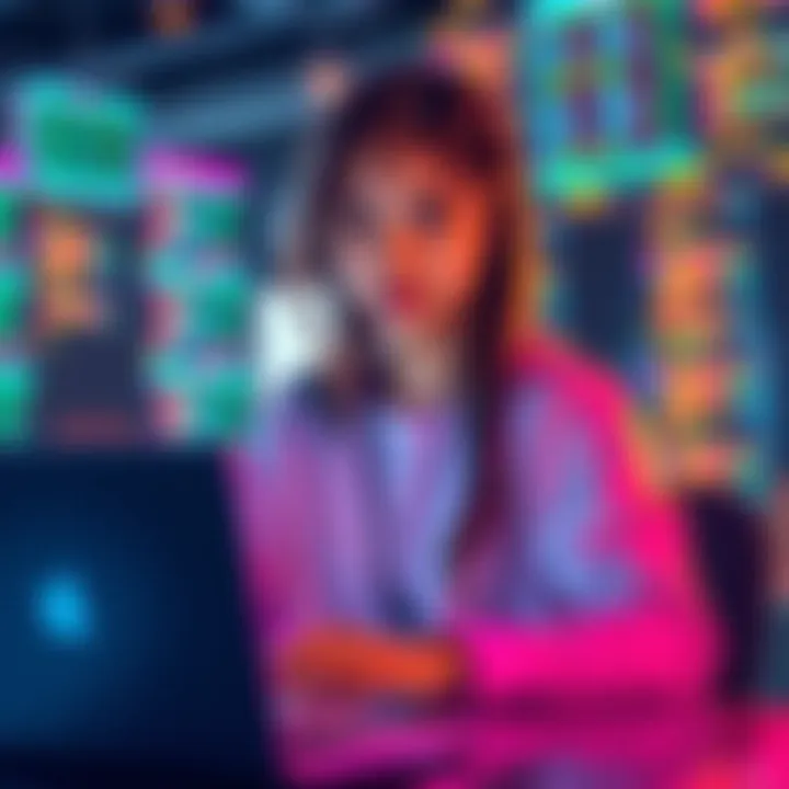 A 21-year-old female CSE student with a laptop is looking for two teammates for a hackathon, surrounded by technology and coding elements.