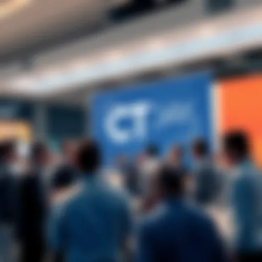 A group of people discussing innovations at the PI2DAY event with a banner displaying CT's logo in the background.