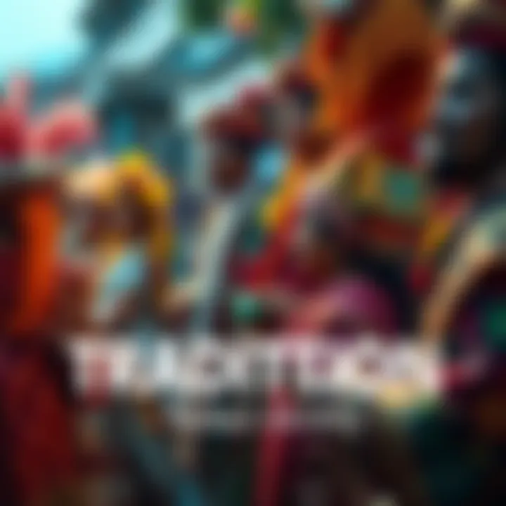 A diverse group of people participating in a traditional festival, showcasing cultural attire and activities.