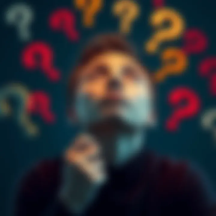 A thoughtful person with a questioning expression, looking up while surrounded by question marks, symbolizing curiosity and inquiry.