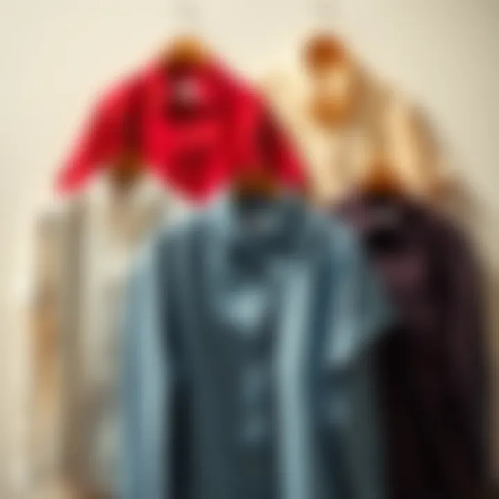 A collection of stylish button-up shirts designed for curvy figures, showcasing different colors and patterns.