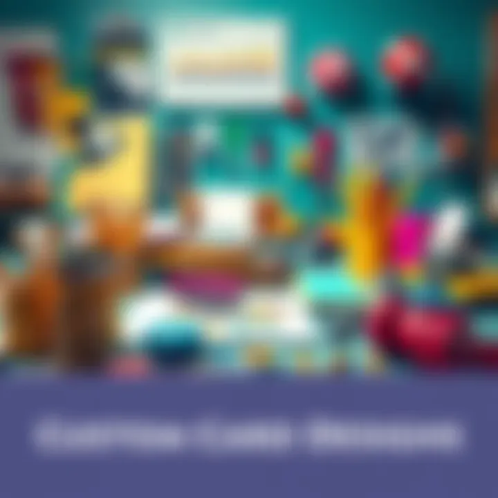 A colorful workspace showing various tools and materials for creating custom card designs, including art supplies and digital tools.