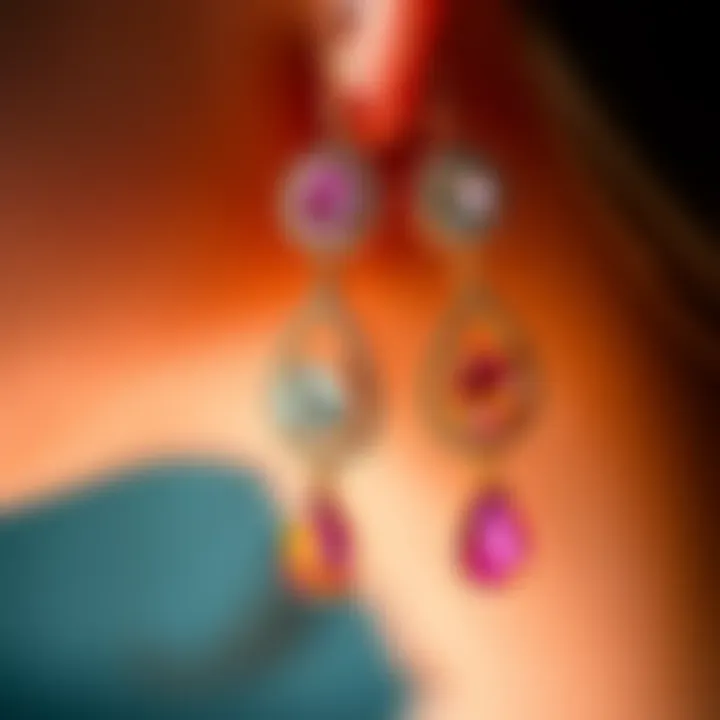 A close-up view of beautifully crafted custom earrings designed by Melody at Fiorese, showcasing intricate details and sparkling gems.