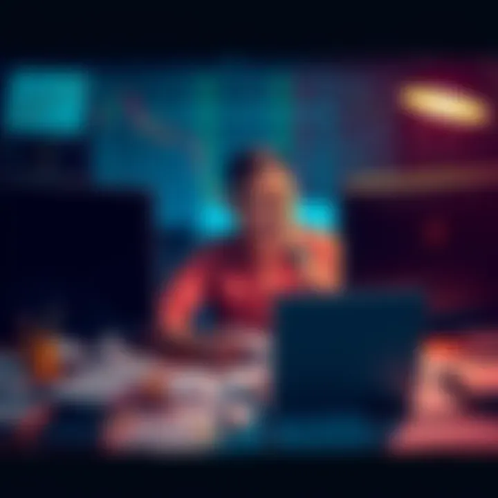 A frustrated customer sitting at a desk surrounded by paperwork related to stock transfers, looking at their computer in distress.