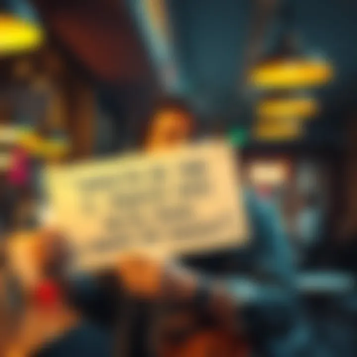 Customer Frustrated Over Metal Promo A frustrated customer holds a sign questioning a 6-month metal promo requirement, looking concerned about salary limits, in a cafe setting.