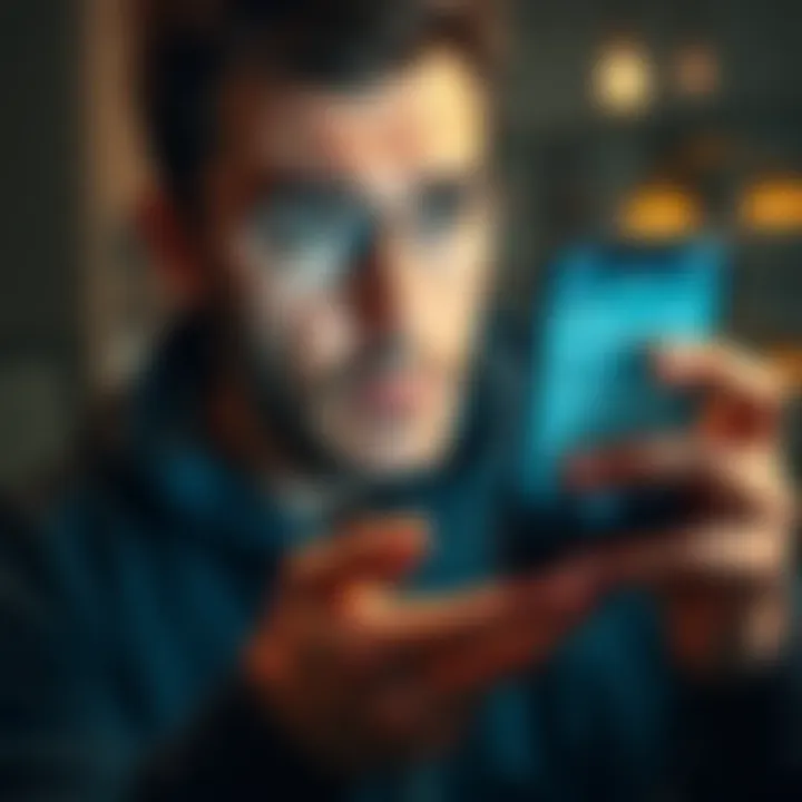 A worried person looking at their phone with a confused expression, showing a chat screen with customer service about missing money