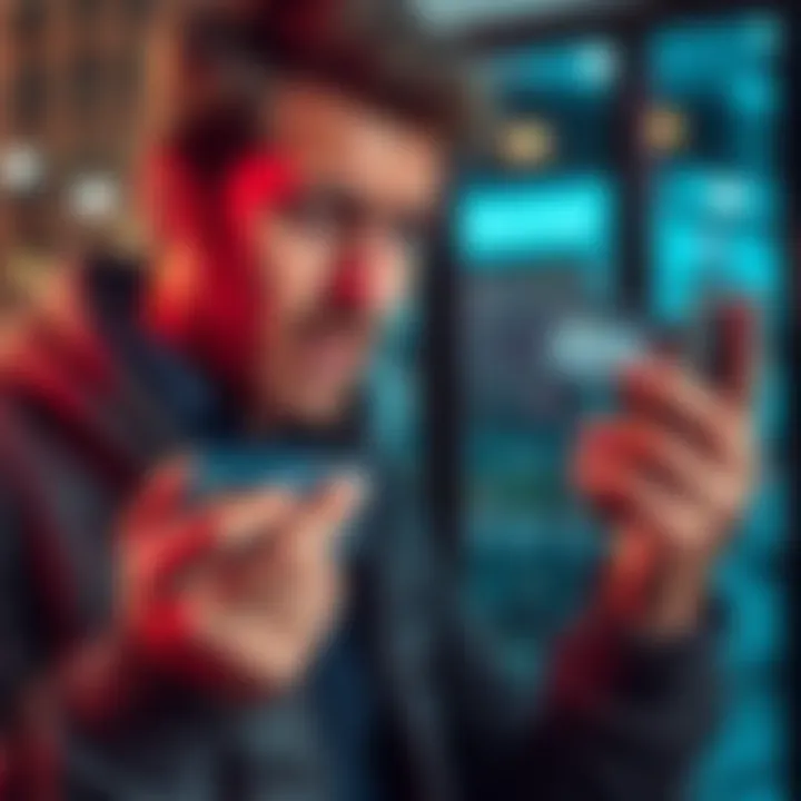 A frustrated customer holds a Revolut card while looking at their phone showing unauthorized transactions