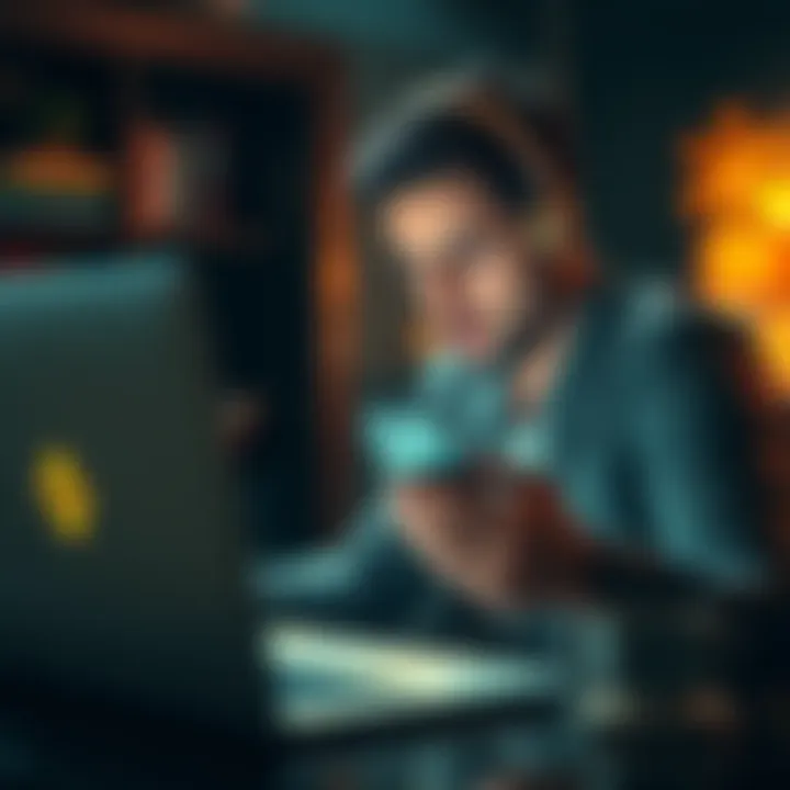 Frustrated customer looking at a laptop with a Binance logo, holding a phone as if trying to reach customer support