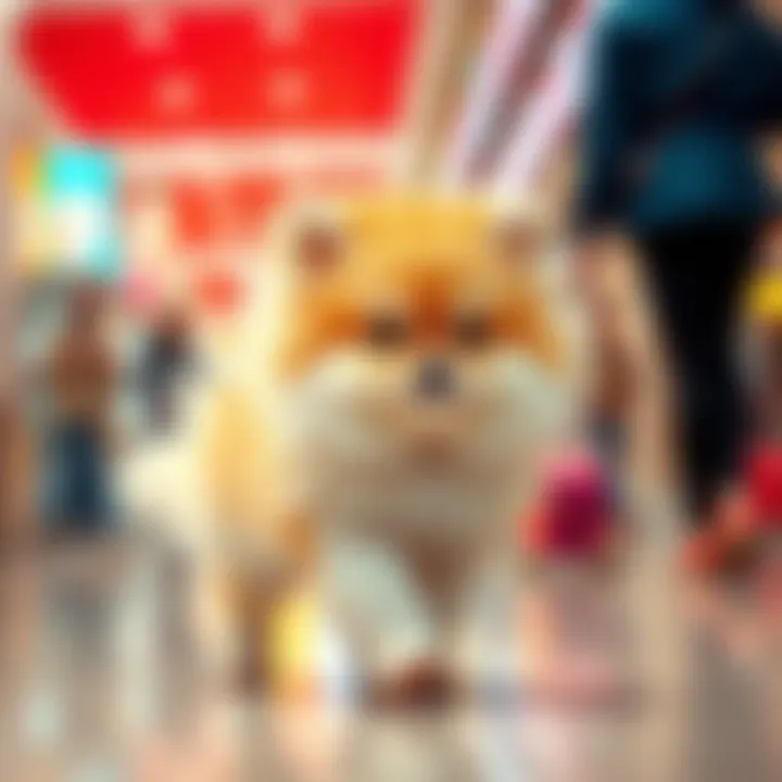 A playful fluffy pet charming shoppers in the mall