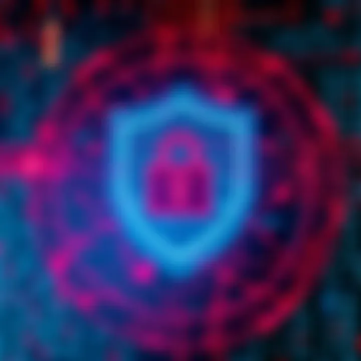 A digital shield with binary code and warning signs representing a major cyber attack threat.