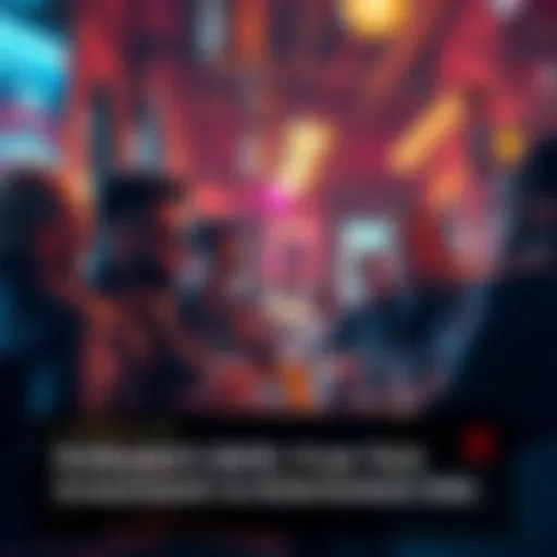 A group of men in cyberpunk attire at a dimly lit venue, featuring retro and industrial decor, engaging in conversation and enjoying drinks.