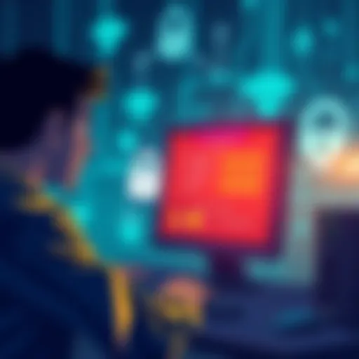 Illustration showing a person analyzing security settings on a computer, with network symbols in the background representing IP addresses and WiFi connections.