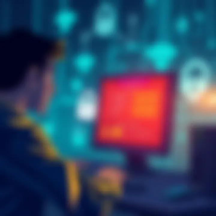 Illustration showing a person analyzing security settings on a computer, with network symbols in the background representing IP addresses and WiFi connections.