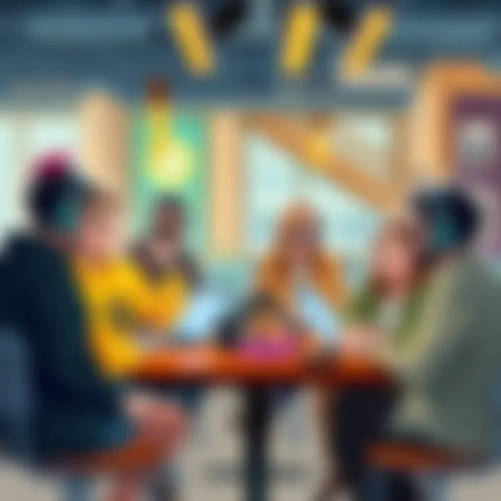 A group of people discussing digital privacy and cryptocurrency in a modern cafe, with laptops and tech gear around them.