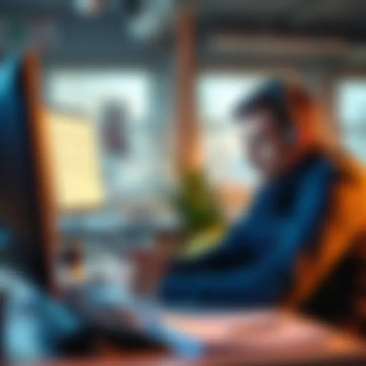 A frustrated Czech business owner sitting in front of a computer, reviewing account suspension notice from a financial app.