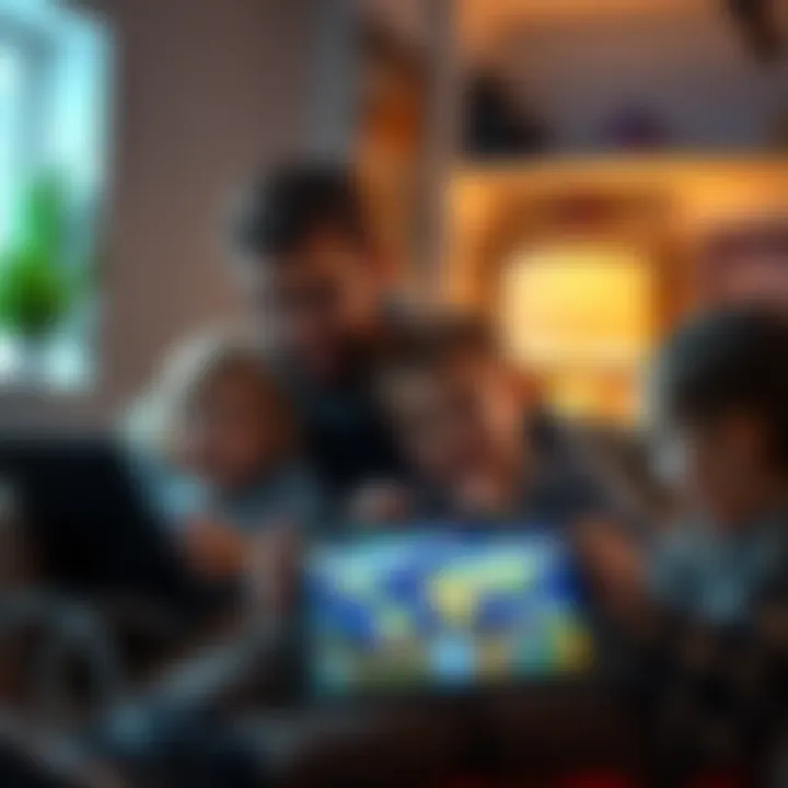 A father playing Atlas Earth on a tablet while kids play nearby, showing the balance between work, gaming, and family life.