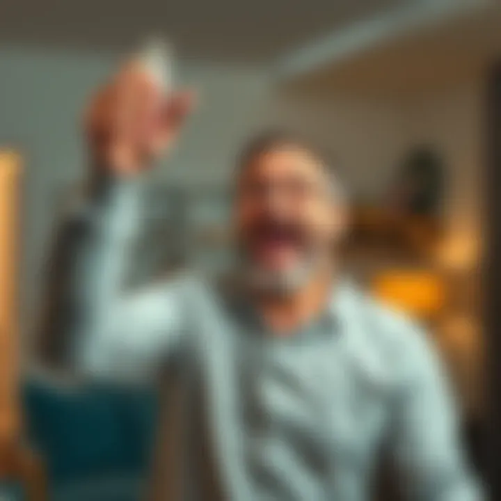 A dad excitedly holds a USB drive, symbolizing a surprising Bitcoin find, with a background of a living room