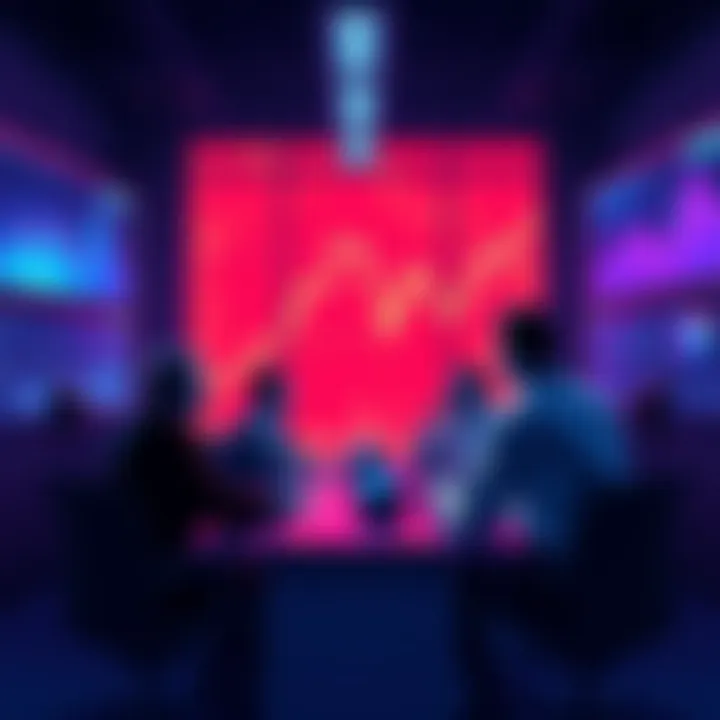 People engaging in discussions about DeFi and cryptocurrency, with charts and graphs displayed on screens