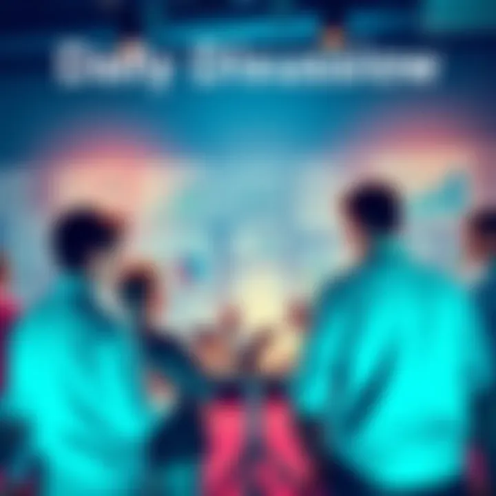 A group of people discussing various topics with charts and notes around them during a daily discussion event.