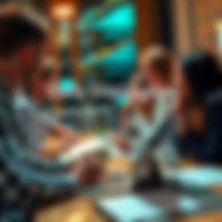 Daily Discussion on Trading Strategies A group of people engaging in a lively discussion about current events and trading strategies, with notes and a laptop open on the table.