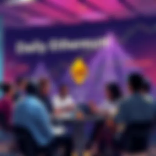 People engaging in a lively discussion about Ethereum with charts and news articles in the background