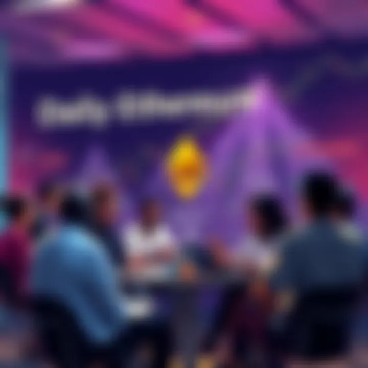 People engaging in a lively discussion about Ethereum with charts and news articles in the background