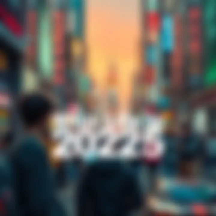 Daily Life in 2025 A bustling city scene showing people using advanced technology in their everyday routines, with smart devices and new social interactions.