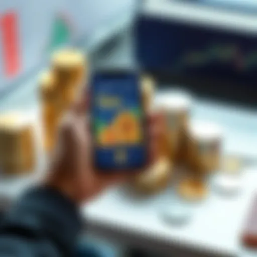 A person holding a smartphone showing a Bitcoin chart, symbolizing daily investments of $69 in Bitcoin, with stacks of coins in the background.