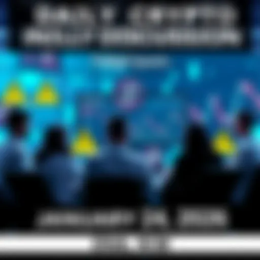 People engaging in a cryptocurrency discussion online, with caution signs and trading graphs in the background.