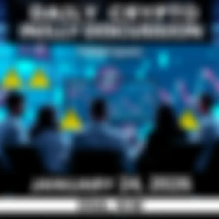 People engaging in a cryptocurrency discussion online, with caution signs and trading graphs in the background.