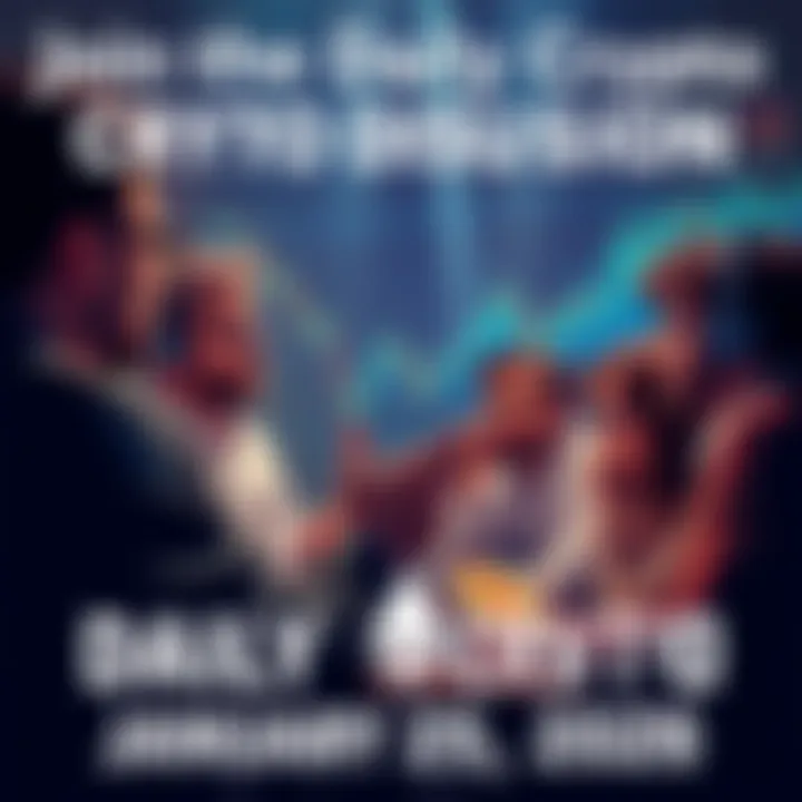 People engaging in a lively cryptocurrency discussion with charts and graphs in the background.