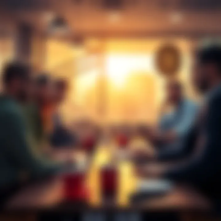 A group of people discussing cryptocurrency in a casual setting, with laptops and coffee cups around them.