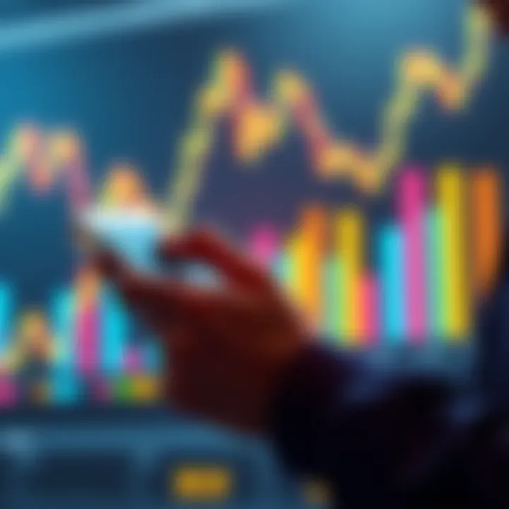 A person using a smartphone to earn small amounts of cryptocurrency daily, with a colorful graph showing profits in the background.