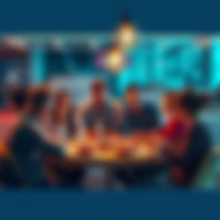 A group of people sitting around a table sharing ideas while enjoying donuts