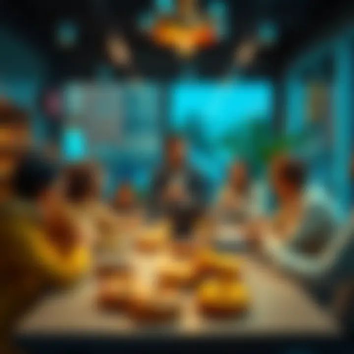 A group of people discussing various topics with donuts on a table in a welcoming setting