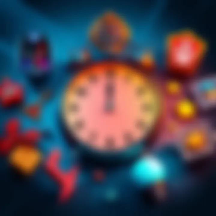 A clock showing midnight with game icons and rewards around it, illustrating daily login bonuses and resets in different time zones