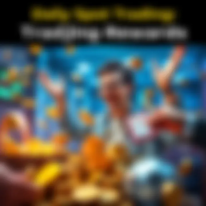 A graphic showing a person excited about trading with coins around them and a voucher pack being handed out.