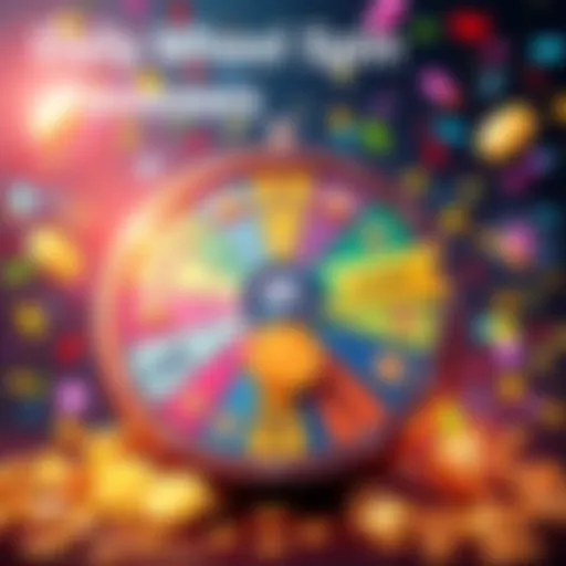 A colorful spinning wheel with various rewards, showing tokens and a season pass symbol, surrounded by cheerful confetti and coins to represent winning.
