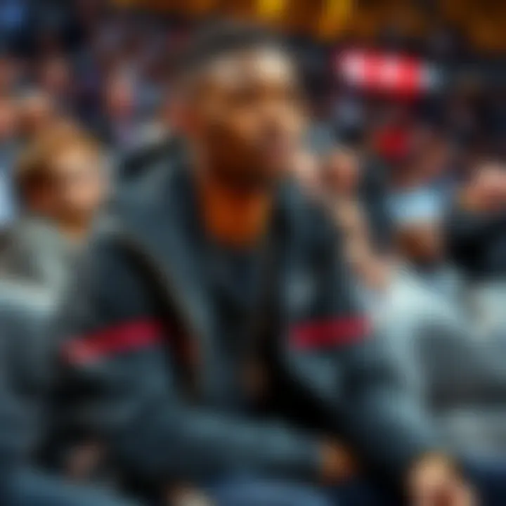 Damian Lillard in a stylish outfit courtside during the NBA playoffs, showcasing his fashion sense while watching the game.