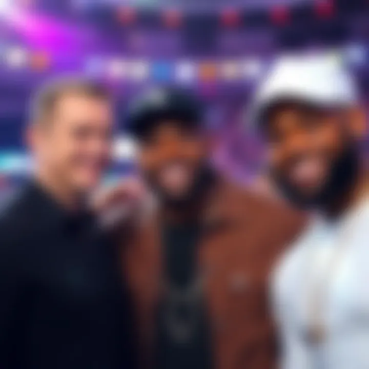 Matt Damon, LeBron James, and Eminem smiling together at an event, showcasing their collaboration in entertainment and sports.