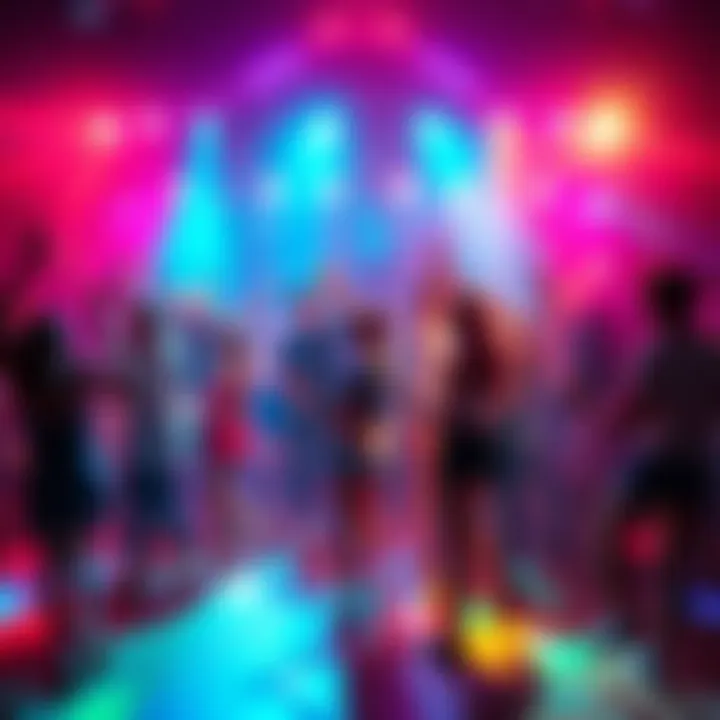 Dance Party Celebration A lively dance party with people dancing joyfully under colorful lights, creating a fun atmosphere.
