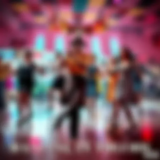 A group of people dancing in vintage 1950s clothing, showcasing lively rock and roll moves in a vibrant setting.