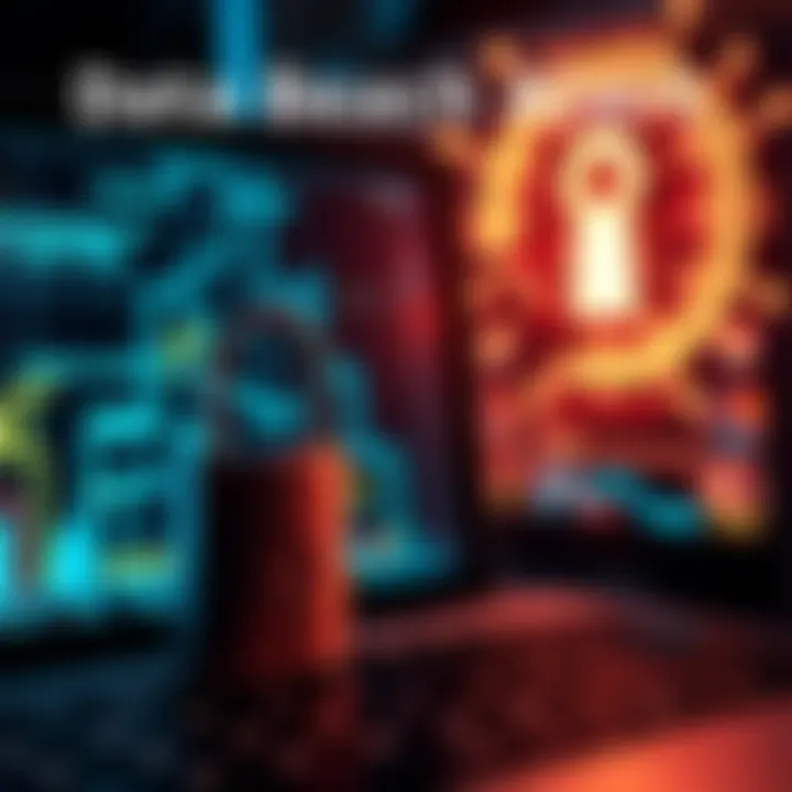 Graphic showing a padlock beside a computer screen with login credentials exposed, symbolizing a major data breach.