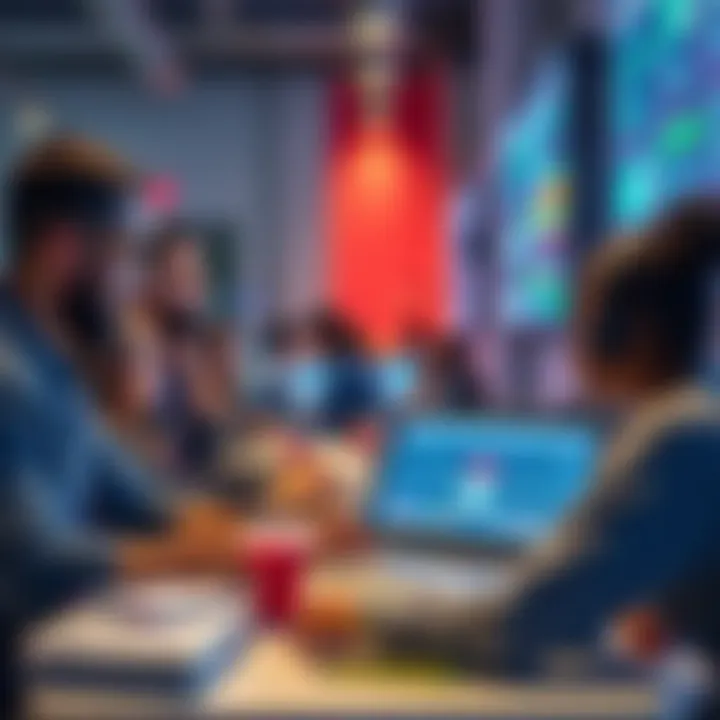 Students participating in a data science hackathon, collaborating at laptops with charts and data on screens