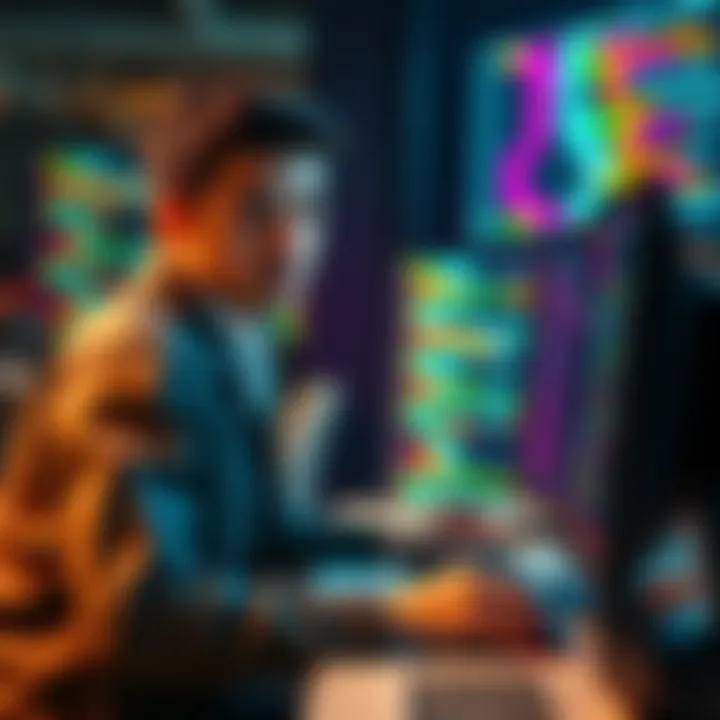 Introduction to Database Management A person working with a computer, focusing on database management, with code and database symbols visible on the screen.