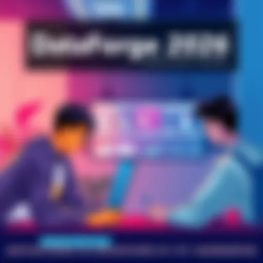 An illustration showing a group of college students collaborating over laptops in a virtual hackathon setting. They are engaged in data science and analytics projects, with charts and graphs displayed...