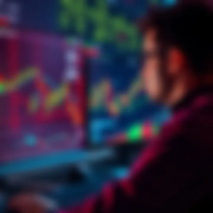 A person focused on day trading, looking at multiple financial charts and graphs on a computer screen, illustrating the concept of trading without KYC requirements.