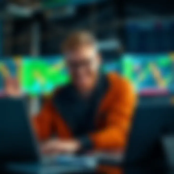 A trader smiling and celebrating a successful day trade with Intel stocks, showing charts on a laptop